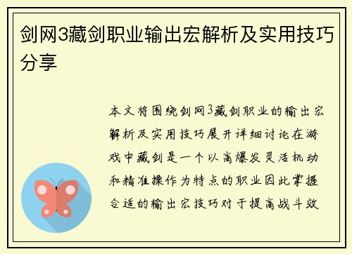 剑网3藏剑职业输出宏解析及实用技巧分享
